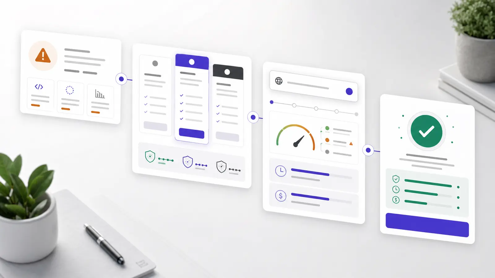 Fluxo visual de planos, diagnóstico e confirmação de manutenção de software